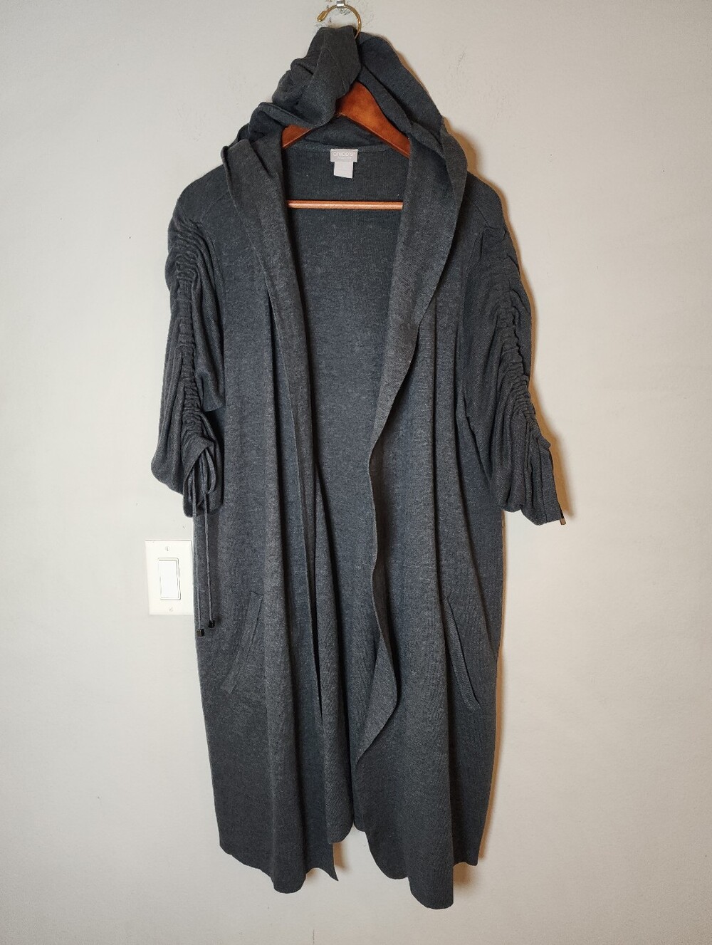 Chico's Cashmere Blend Grey Knit Cardigan Cinch Sleeves Hooded Open Front XL